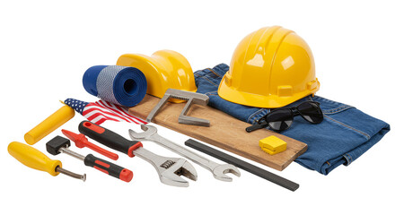 Fototapeta premium Isolated Construction Image with Safety Helmet and Work Tools Transparent