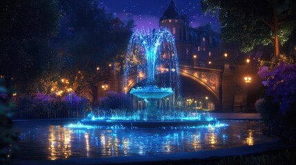 Fototapeta premium Enchanting night scene with a radiant fountain illuminating a fairytale castle