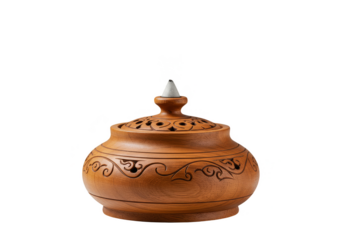 Isolated Decorative Brown Ceramic Jar with Ornate Carvings Transparent PNG