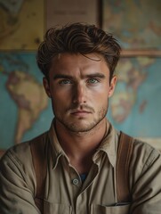Obraz premium Young Male Model in Vintage Clothing with Serious Expression and Handsome Features in Earth Tones
