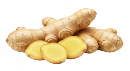 Isolated Transparent Background of Fresh Ginger Root and Slices