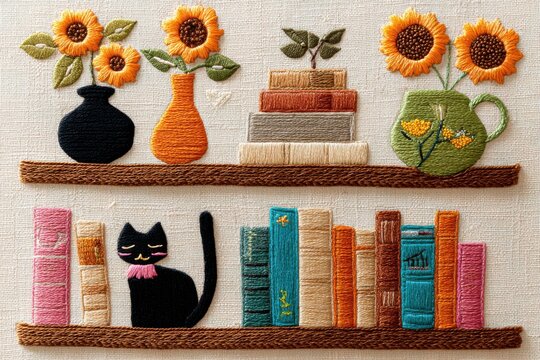 Embroidery of Bookshelves With Sunflowers and a Black Cat, Representing Home Decor and Artistic Craftsmanship for Creative Expression : Generative AI