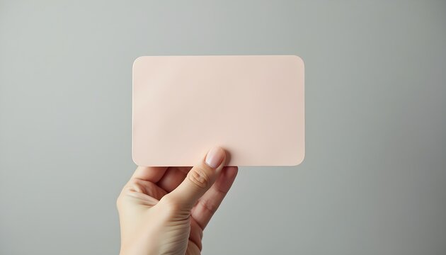 A hand holding a blank pink square card against a plain light gray background