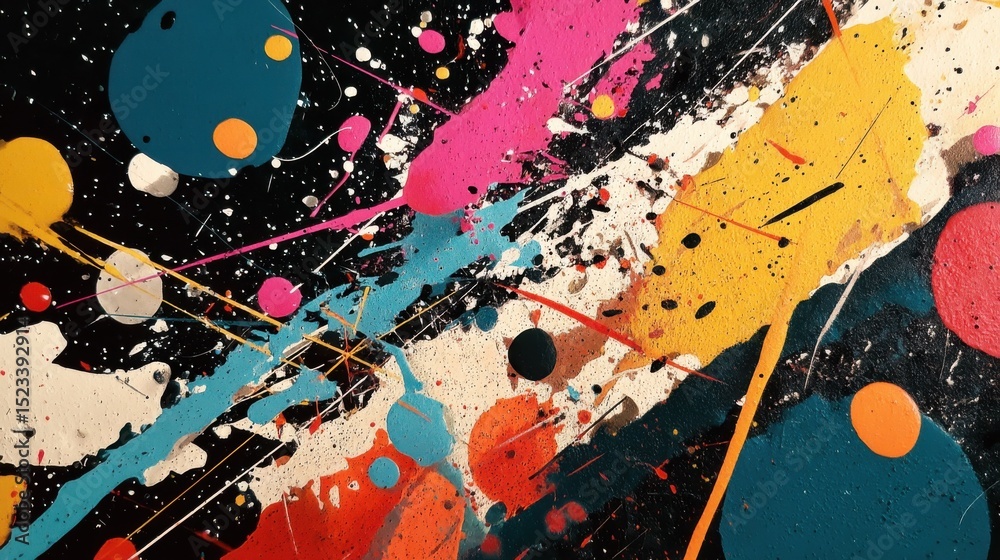 Poster colorful paint splatters on black canvas, representing artistic expression and creative inspiration 