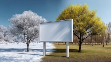 Blank Billboard in Split Season Landscape, Representing Environmental Awareness and Sustainable Advertising Campaigns for All Seasons : Generative AI