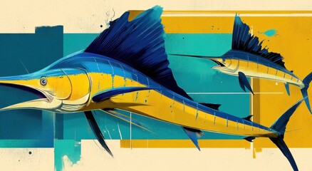 Two Colorful Marlin Fish Swimming in Graphic Style, Symbolizing Marine Conservation and Oceanic Adventure, Perfect for Travel and Tourism Marketing : Generative AI