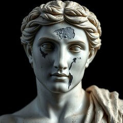 Hyperrealistic Photograph of Damaged Greek Marble Statue – Classical Sculpture with Smoothed Facial Erosion Against Black Background – High-Contrast Lighting Emphasizing Stone Texture & Gritty Patina