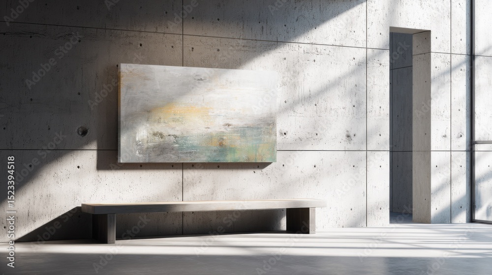 Poster abstract painting on concrete wall above bench, evoking minimalist style and artistic expression in 