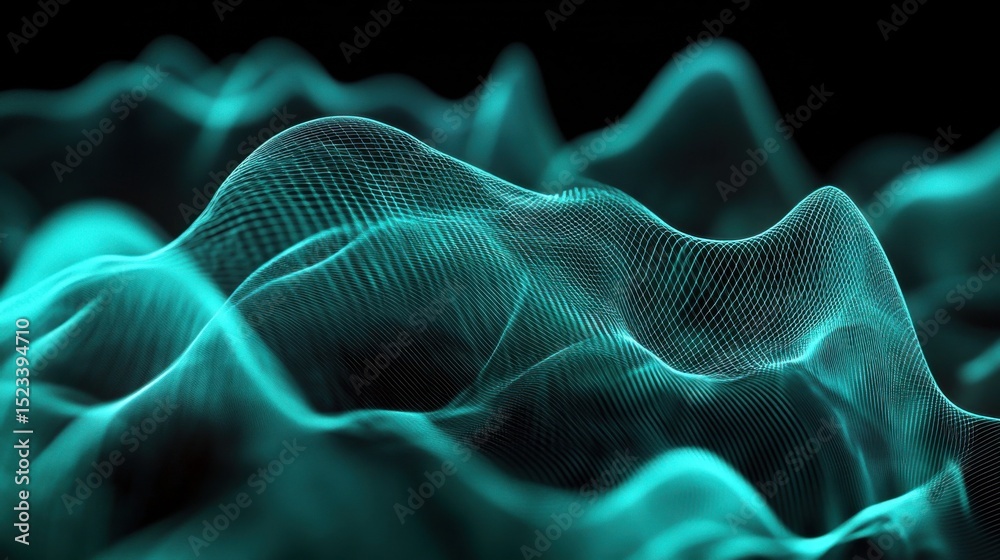 Aufkleber abstract turquoise wireframe landscape on black background, ideal for technology innovation and digi