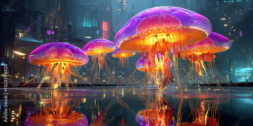 Poster glowing jellyfish floating above water in cityscape, representing innovation and futuristic technolo
