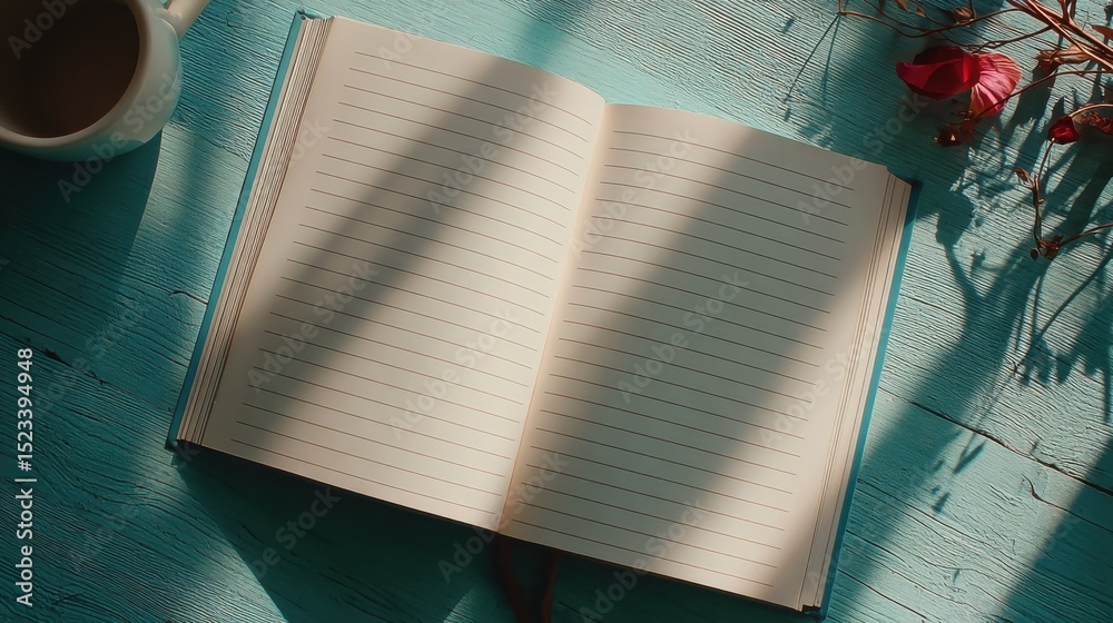 Poster Open Journal on Blue Wooden Table with Coffee Cup, Representing Reflection and Personal Growth for Content Creation and Mindfulness Practices : Generative AI