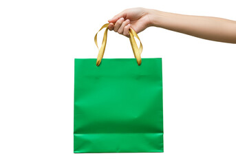 Isolated Green Shopping Bag Holding on Hand with Golden Handles PNG