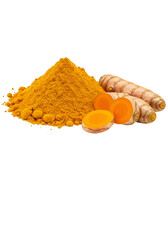 Isolated Transparent Spice Turmeric Root and Powder Yellow Flavor Food