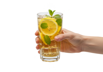 Isolated Hand Holding Glass of Lemonade with Mint and Lemon Slices