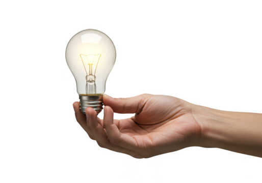 Isolated Hand Holding Glowing Light Bulb Idea Innovation Power