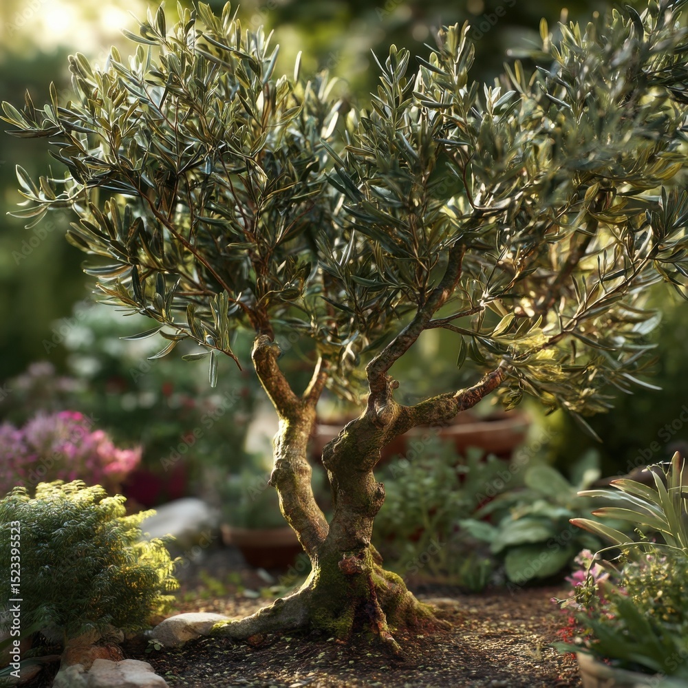 Poster olive tree sapling in a lush garden, symbolizing growth and new beginnings for sustainable living an