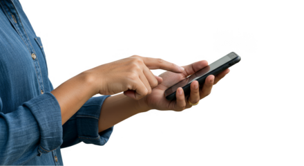 Isolated Hands Using Black Smartphone on Transparent Background