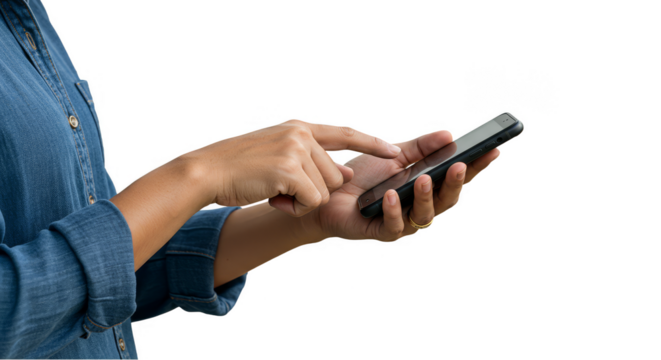 Isolated Hands Using Black Smartphone on Transparent Background