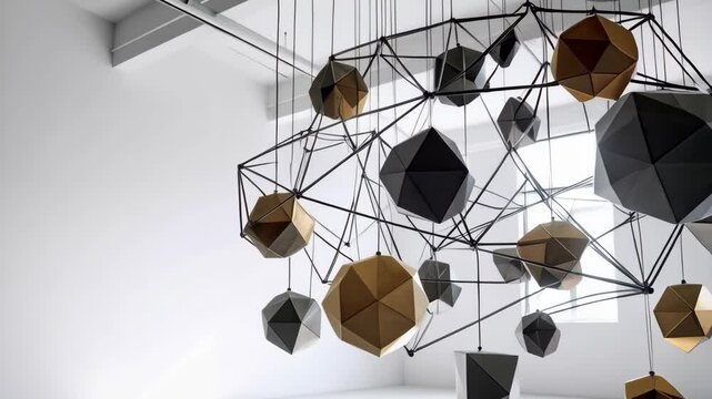 Abstract geometric hanging art installation with polyhedral shapes in brass and gray in a bright white spacious interior, contemporary design.