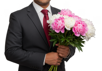Man Holding Pink And White Peonies Bouquet In Dark Gray Suit Isolated