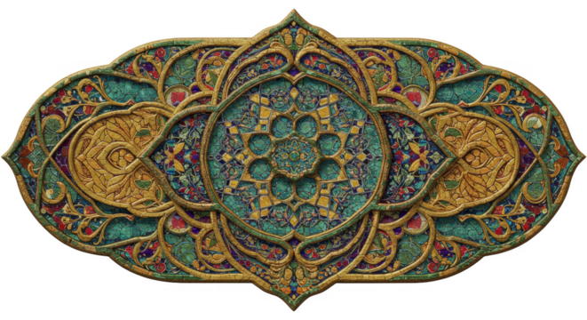 Ornate Gold and Turquoise Ancient Design Element on Transparent Background