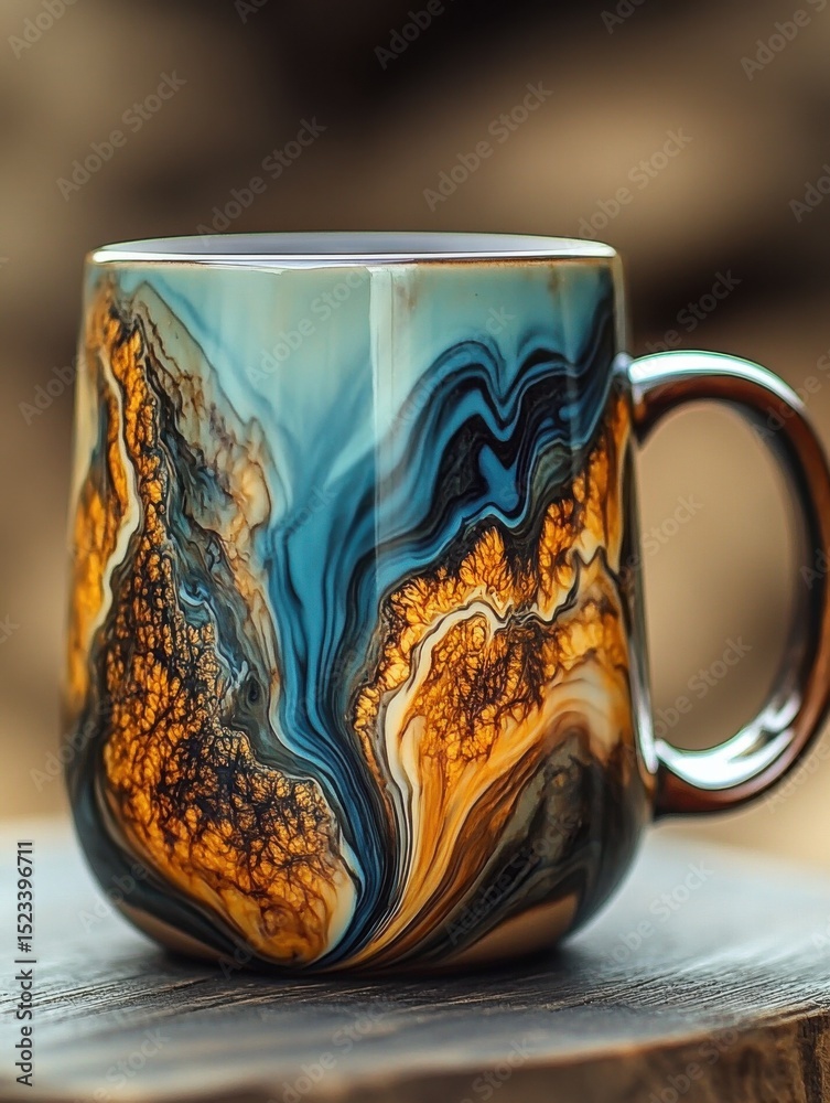 Poster ceramic mug with abstract swirls on wooden surface, symbolizing creativity and artistic expression f