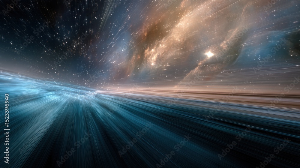 Poster warp speed through a nebula in hyperspace, representing technological advancement and futuristic inn