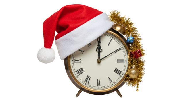 Isolated Image of Decorated Clock With Holiday Hat For Christmas Time