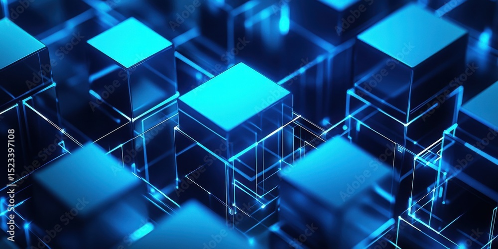 Poster Abstract Network of Glowing Blue Cubes, Representing Digital Transformation and Technological Innovation : Generative AI