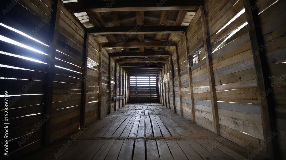 Poster wooden tunnel with light at the end, symbolizing hope and a path to success, ideal for illustrating 