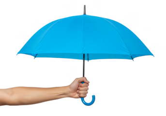 Isolated Image of Human Hand Holding a Blue Umbrella with Transparent Background