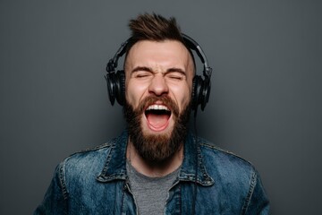 Man with Beard and Headphones Shouting with Eyes Closed