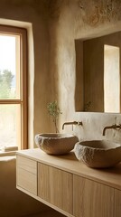 Rustic bathroom vanity with stone sinks and wooden cabinets.
