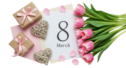 Pink Tulips With Gifts and Hearts on March 8 Transparent Background
