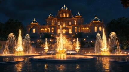 Opulent palace illuminated at night with elaborate fountains displaying golden radiance