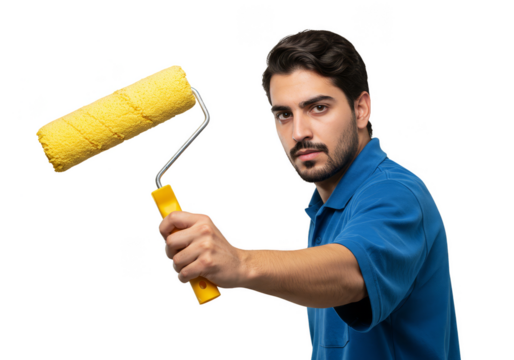 Isolated Image of Man Painting with Yellow Roller on Transparent Background