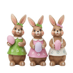 Fototapeta premium Isolated Image of Three Easter Bunny Figurines with Eggs Decorations