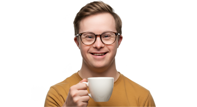 PNG Portrait Of Happy Man Holds Coffee Cup With Transparent Background - Powered by Adobe