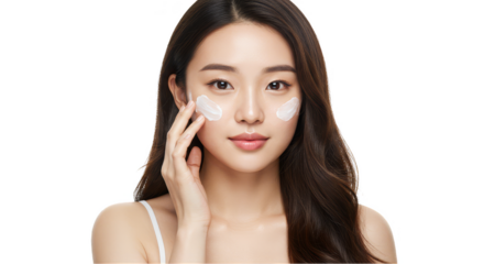 Portrait Of Asian Woman Applying Cream on Face with Transparent Backgroud