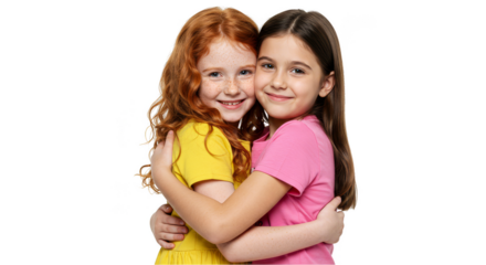 Portrait of Two Adorable Girls with Curly Hair Hugging with Happiness