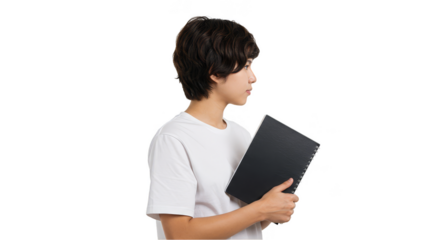 Portrait of Young Boy in White Shirt with Notebook on Transparent