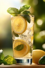 Refreshing Lemon Basil Drink With Ice Cubes in Glass, Representing Summer Refreshment and Healthy Lifestyle Choices for Beverage Advertising : Generative AI