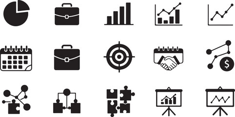 Business & analytics — pie chart, bar graph, line chart, briefcase, handshake, target, calendar, stats, strategy, presentation board. black and white file format eps
