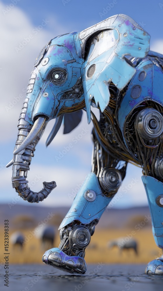 Poster mechanical elephant walking through savannah, representing technological innovation and wildlife con