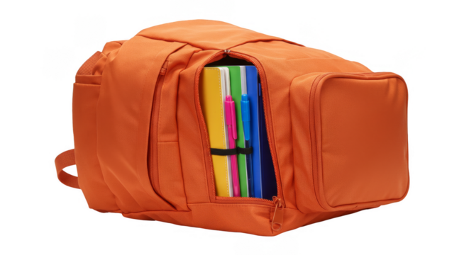 Isolated Orange Backpack with Folders for School Education PNG Image