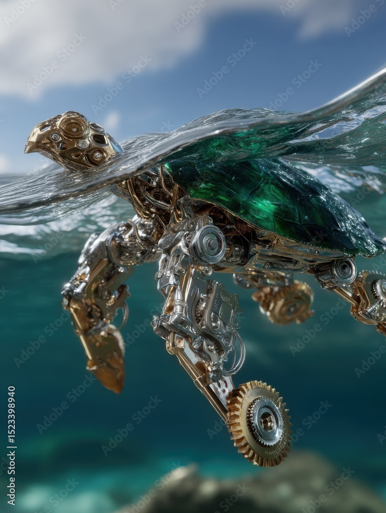 Poster mechanical turtle swimming underwater with glimmering metal parts, showcasing technology and enginee