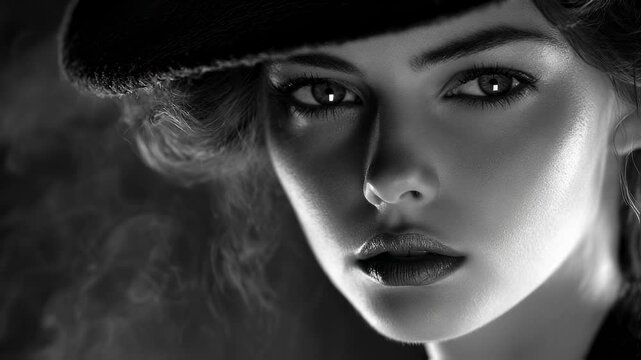 Monochrome close-up portrait of a woman wearing a vintage hat, accentuated by dramatic lighting and soft wisps of smoke