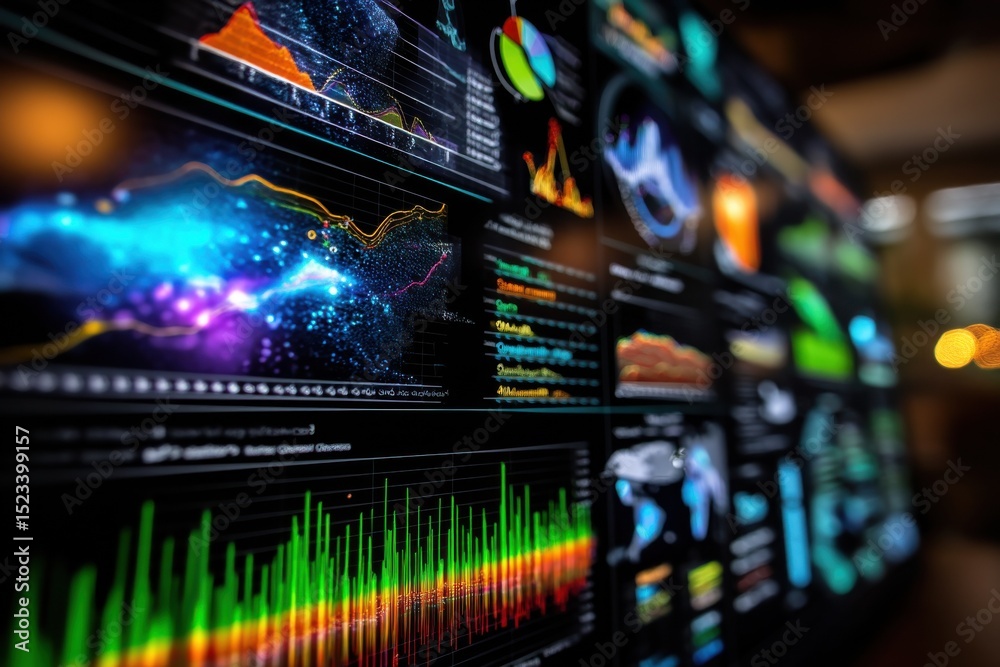 Poster Glowing Data Visualizations on a Screen, Representing Digital Transformation and Financial Analysis for Business Intelligence and Investment Decisions : Generative AI