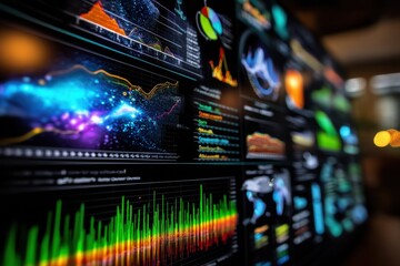 Obraz premium Glowing Data Visualizations on a Screen, Representing Digital Transformation and Financial Analysis for Business Intelligence and Investment Decisions : Generative AI