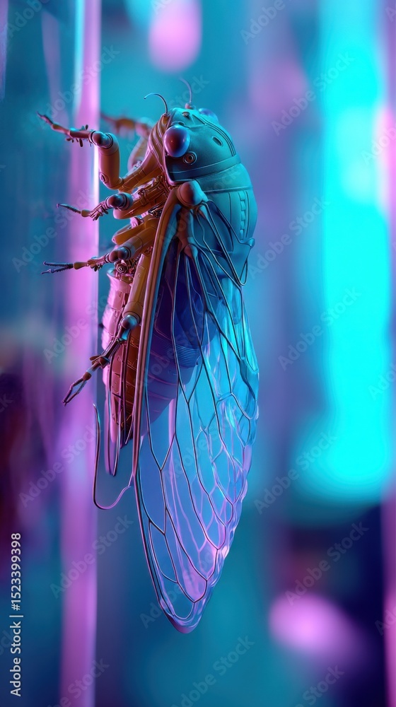 Poster close-up of a cicada in neon light, symbolizing innovation and technological advancement in insect b
